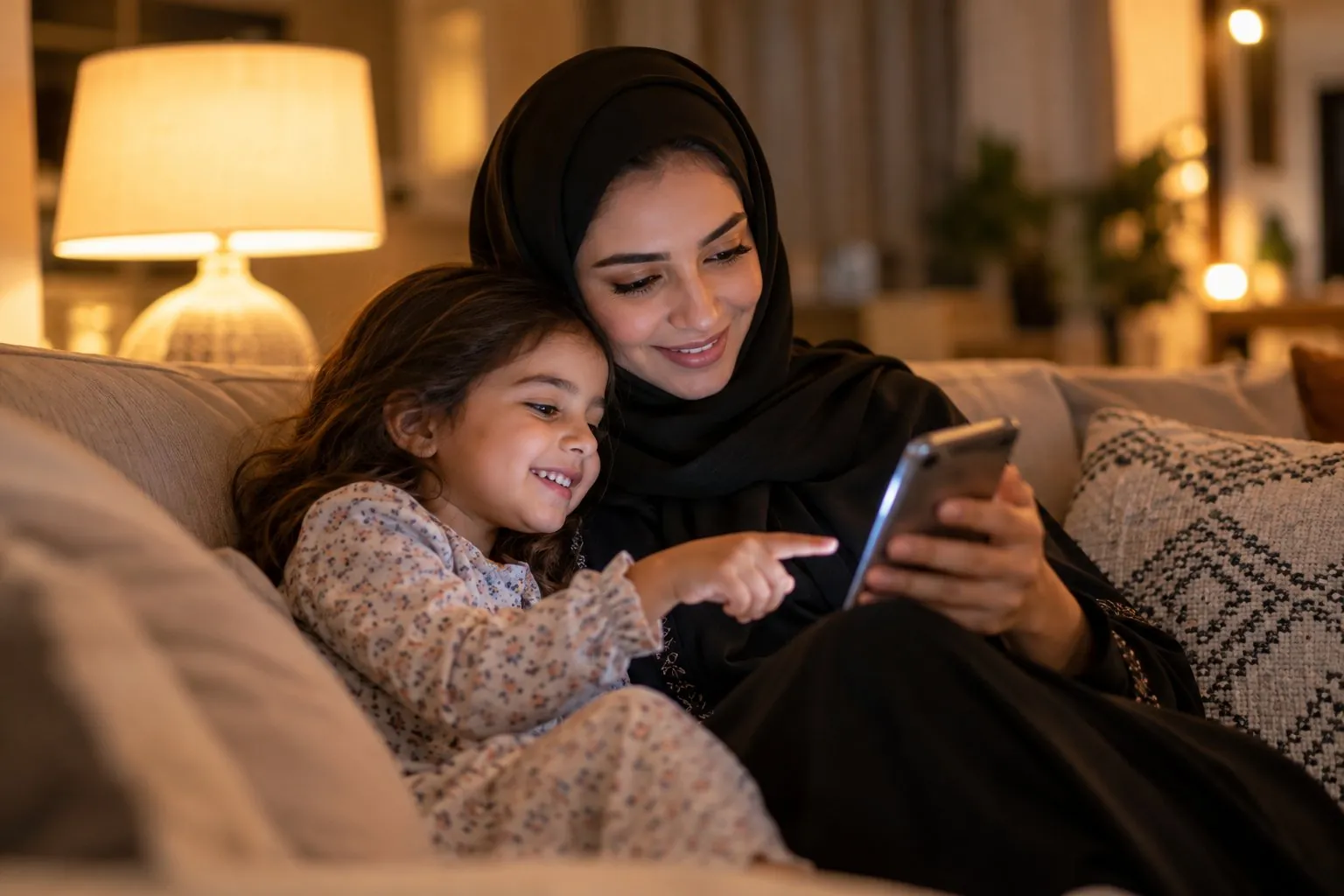 أم وابنتها على أريكة في المنزل مساءً، تبتسمان وتنظران إلى الجوال.